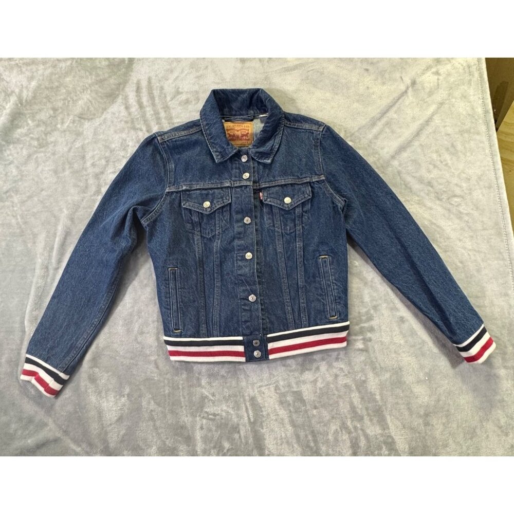 Levis Womens Jacket size Large Blue Denim W/ Striped Ribbed Hem Waterless